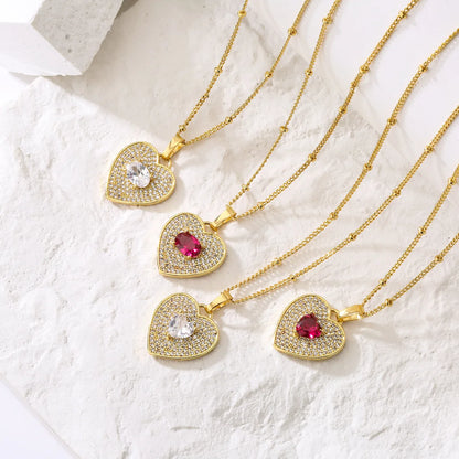 Micro Inlaid Zircon Peach Heart Necklace Brass Plating 18k Real Gold