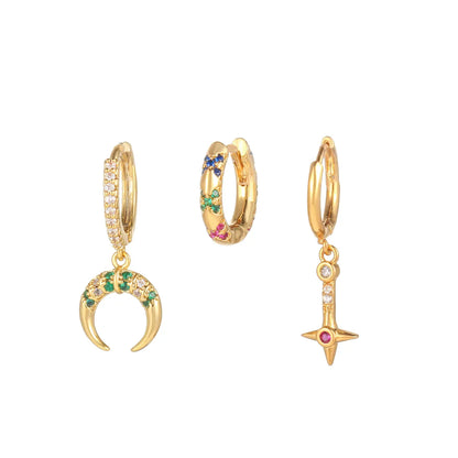 Micro Inlaid Zircon Star Moon Ear Clip Three-piece Earring Set