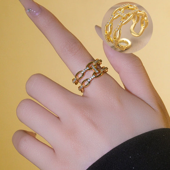 Microinlaid Zircon Doublelayer Chain Opening Adjustable Index Finger Ring For Women Geometric Pattern Copper Ring With Electroplating