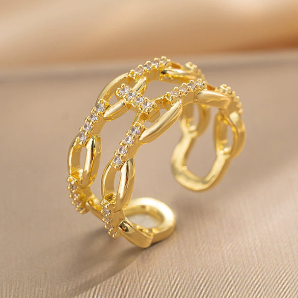 Microinlaid Zircon Doublelayer Chain Opening Adjustable Index Finger Ring For Women Geometric Pattern Copper Ring With Electroplating