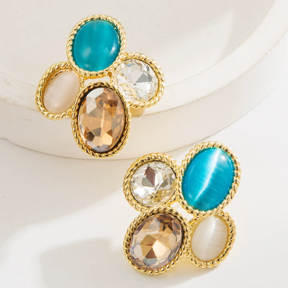 Midcentury Style S925 Silver Needle Earrings With Alloy Resin Rhinestones And Geometric Design Set With Diamonds