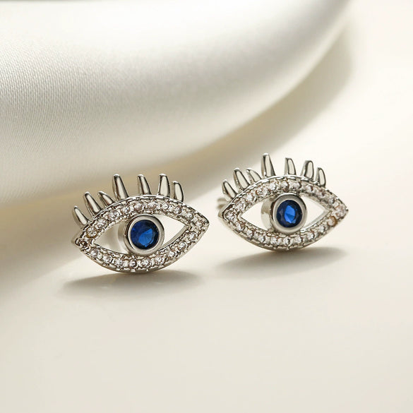 Mini Copper Real Gold Plated Zircon Geometric Devil's Eye Microinlay Earrings For Female Retro Style