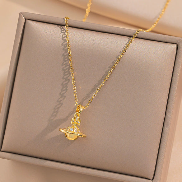 Mini Small Planet Titanium Steel Necklace For Women With Gold Diamondencrusted Star Shape Light Luxury Niche Allmatch Accessories