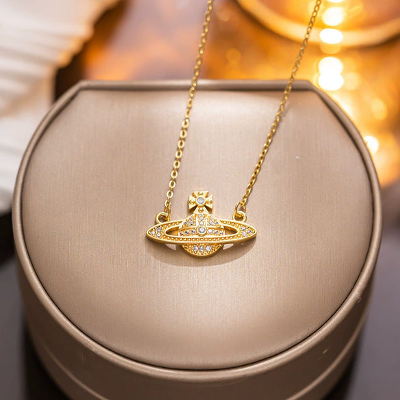 Mini Small Planet Titanium Steel Necklace For Women With Gold Diamondencrusted Star Shape Light Luxury Niche Allmatch Accessories