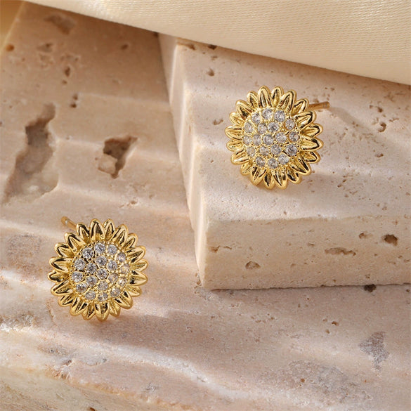 Mini Sunflower Earrings For Women Copper Goldplated Polish Style