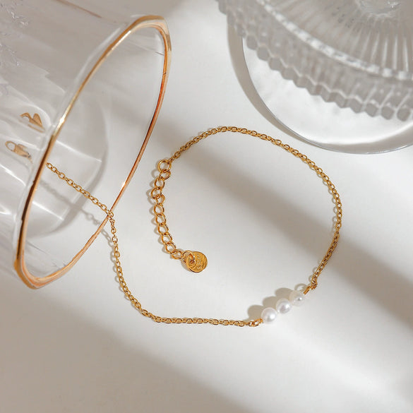 Minimalism Geometric Titanium Steel And 18K Freshwater Pearl Women's Anklet