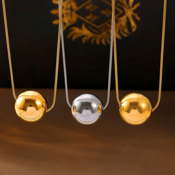 Minimalism Versatile Jewelry Geometric Round Bead Handmade Polished 316L Stainless Steel Gold Plated Pendant Snake Bone Chain Necklace