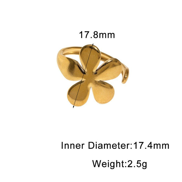 Minimalist Adjustable Stainless Steel Open Ring For Women With Flower Shape Sweet Style And 18K Gold Electroplated Finish