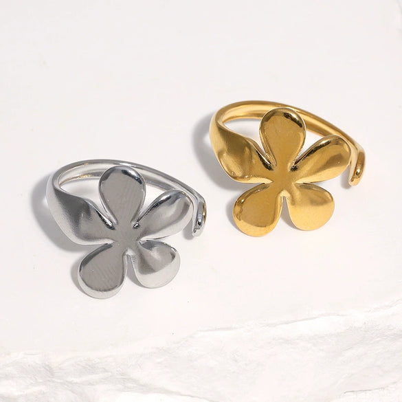 Minimalist Adjustable Stainless Steel Open Ring For Women With Flower Shape Sweet Style And 18K Gold Electroplated Finish