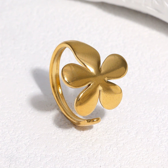 Minimalist Adjustable Stainless Steel Open Ring For Women With Flower Shape Sweet Style And 18K Gold Electroplated Finish