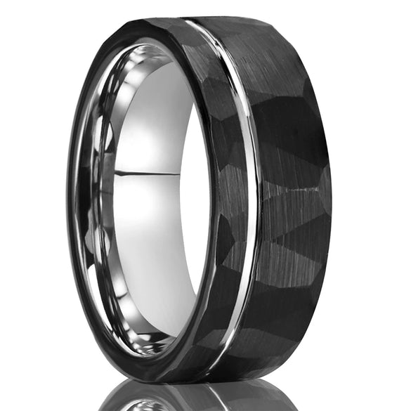 Minimalist Black And Gold Tungsten Steel Ring With Flat Hammered Geometric Finish Unisex Electroplated Jewelry