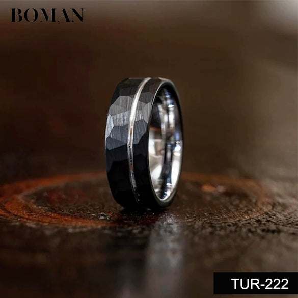 Minimalist Black And Gold Tungsten Steel Ring With Flat Hammered Geometric Finish Unisex Electroplated Jewelry