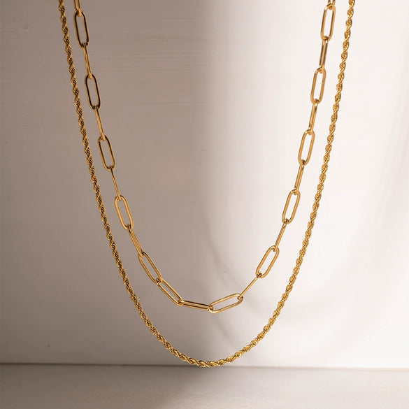 Minimalist Cold Style Stainless Steel And Titanium Steel Geometric Doublelayer Clavicle Chain Necklace With 18K Gold Plated Electroplating For Women