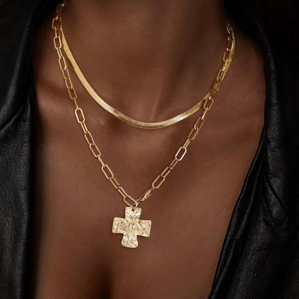 Minimalist Copper Cross Pendant Necklace With Paperclip Chain Geometric Electroplated Layered Necklace For Women