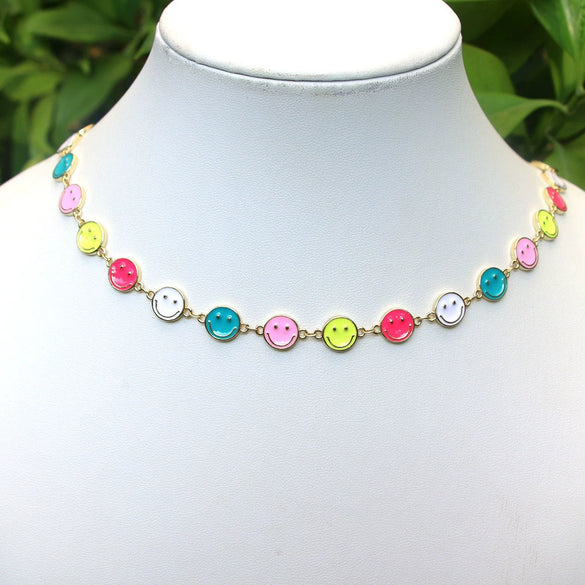 Minimalist Copper Enamel Heart And Smiley Star Pendant Necklace With Water Wave Chain For Women