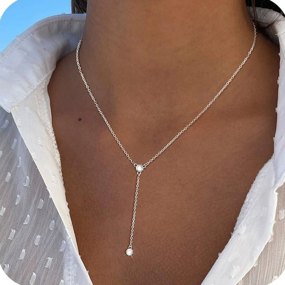 Minimalist Copper Lariat Y Shaped Necklace With Zircon Pendant Electroplated Fashion Chain For Women