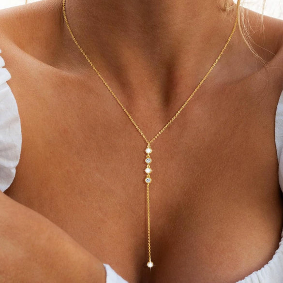 Minimalist Copper Lariat Y Shaped Necklace With Zircon Pendant Electroplated Fashion Chain For Women
