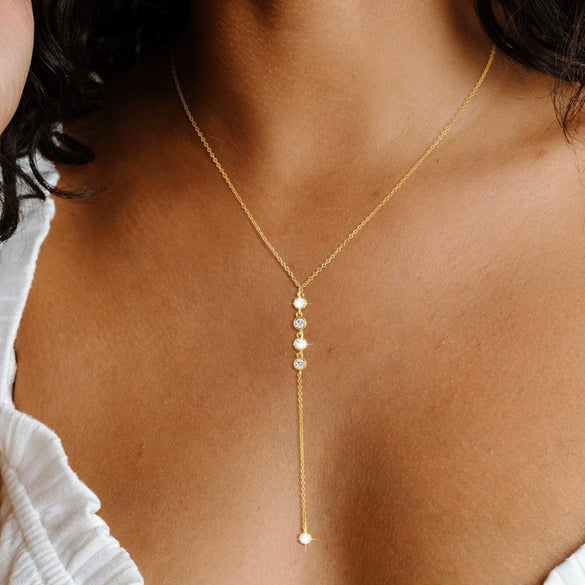 Minimalist Copper Lariat Y Shaped Necklace With Zircon Pendant Electroplated Fashion Chain For Women
