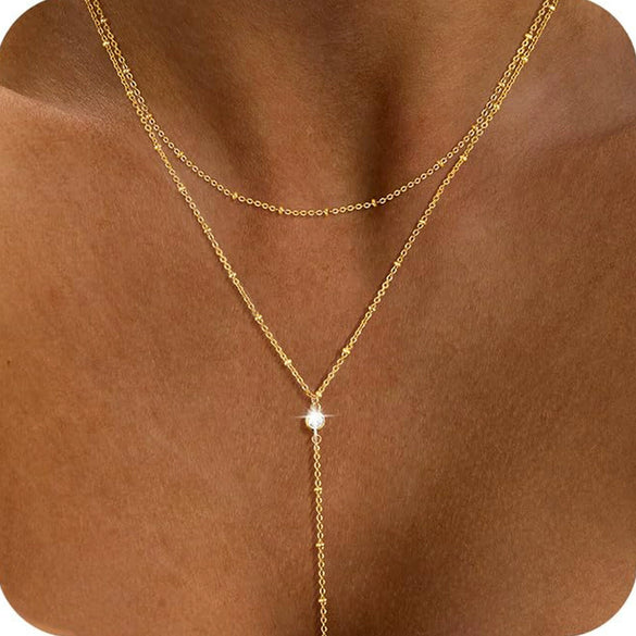Minimalist Copper Lariat Y Shaped Necklace With Zircon Pendant Electroplated Fashion Chain For Women