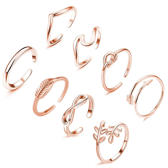 Minimalist Copper Open Ring Set With Leaf Arrow And Wave Geometric U Shaped Design Electroplated Jewelry For Women