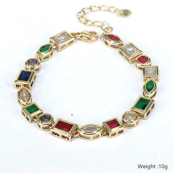 Minimalist Creative Color Geometric Zircon Copper Gold Plated Electroplated Fashion Necklace Bracelet Set For Women