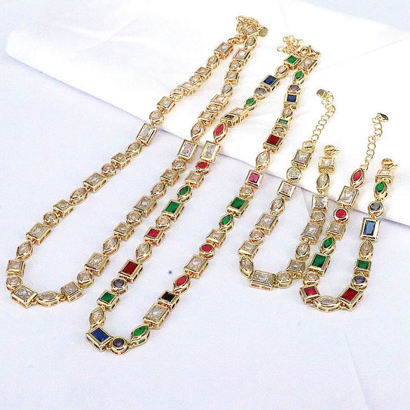 Minimalist Creative Color Geometric Zircon Copper Gold Plated Electroplated Fashion Necklace Bracelet Set For Women