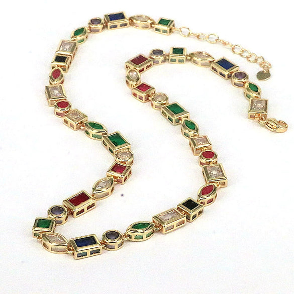 Minimalist Creative Color Geometric Zircon Copper Gold Plated Electroplated Fashion Necklace Bracelet Set For Women