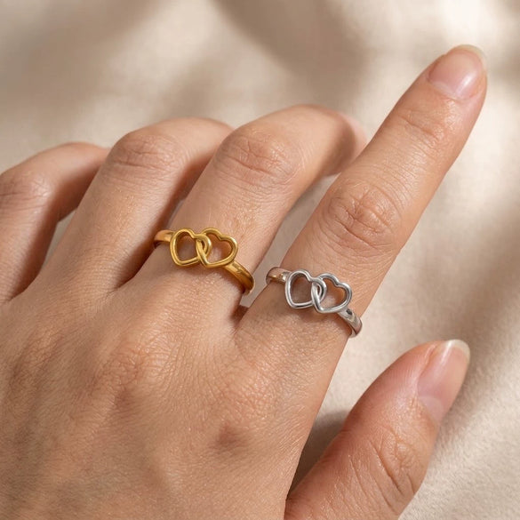 Minimalist Double Heart Hollow Open Ring For Women Pvd Gold Plated Stainless Steel Jewelry