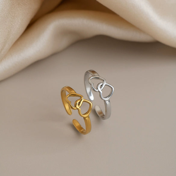 Minimalist Double Heart Hollow Open Ring For Women Pvd Gold Plated Stainless Steel Jewelry