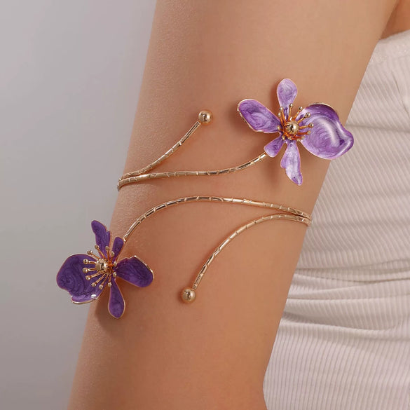 Minimalist Electroplated Alloy Open Cuff Bracelet With Enamel Floral Pattern Details