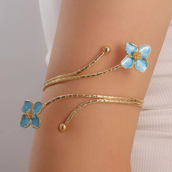 Minimalist Electroplated Alloy Open Cuff Bracelet With Enamel Floral Pattern Details
