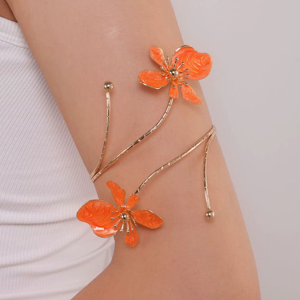 Minimalist Electroplated Alloy Open Cuff Bracelet With Enamel Floral Pattern Details