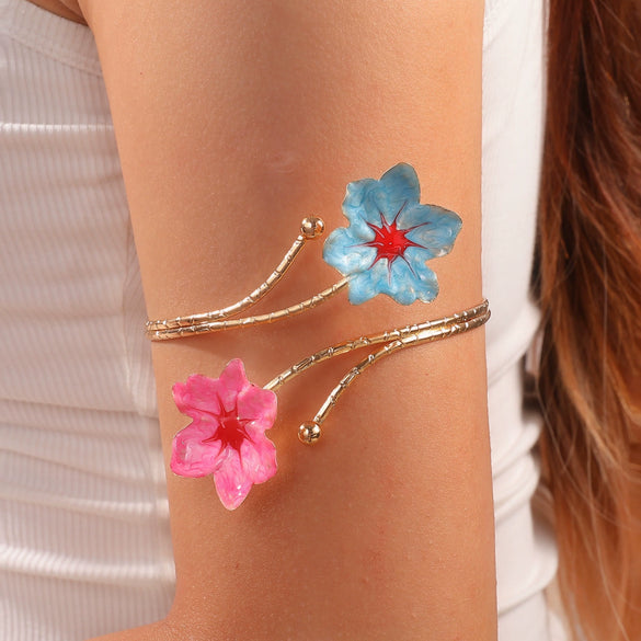 Minimalist Electroplated Alloy Open Cuff Bracelet With Enamel Floral Pattern Details