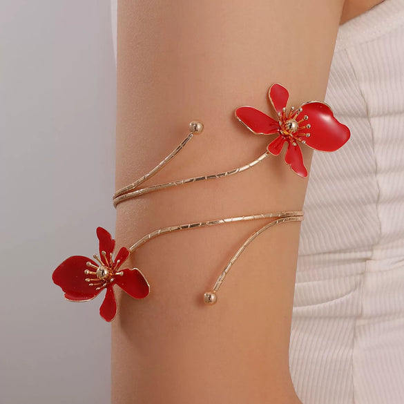 Minimalist Electroplated Alloy Open Cuff Bracelet With Enamel Floral Pattern Details