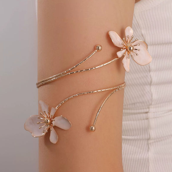Minimalist Electroplated Alloy Open Cuff Bracelet With Enamel Floral Pattern Details