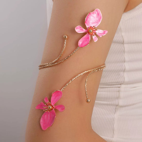 Minimalist Electroplated Alloy Open Cuff Bracelet With Enamel Floral Pattern Details
