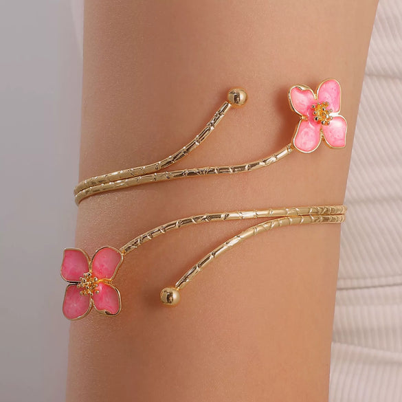 Minimalist Electroplated Alloy Open Cuff Bracelet With Enamel Floral Pattern Details