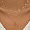 Minimalist Electroplated Copper Layered Pearl Chain Cross Necklace For Women With Geometric Round Pendant Light Luxury Clavicle Chain