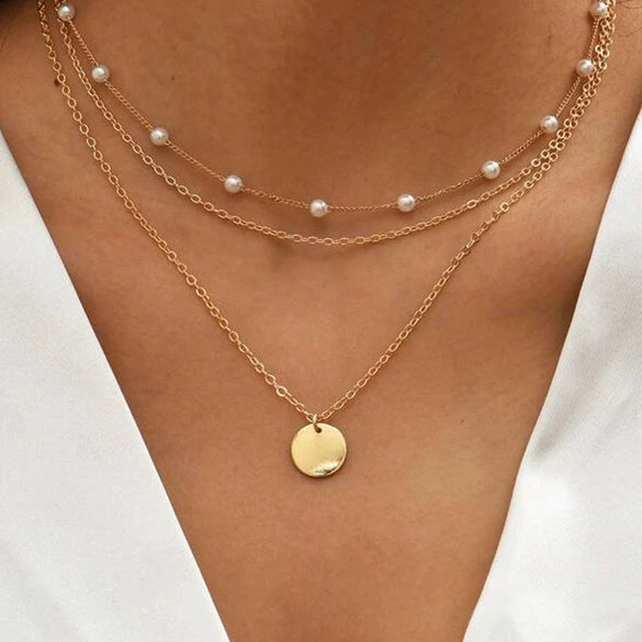 Minimalist Electroplated Copper Layered Pearl Chain Cross Necklace For Women With Geometric Round Pendant Light Luxury Clavicle Chain