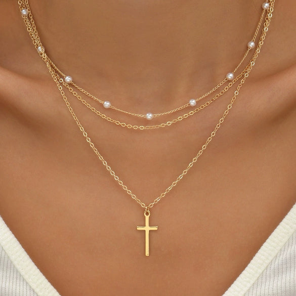Minimalist Electroplated Copper Layered Pearl Chain Cross Necklace For Women With Geometric Round Pendant Light Luxury Clavicle Chain