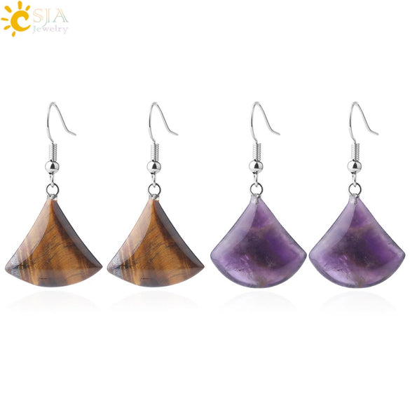 Minimalist Fan Shaped Natural Stone Drop Earrings With Copper Fishhook For Women Multicolor Fashion Jewelry