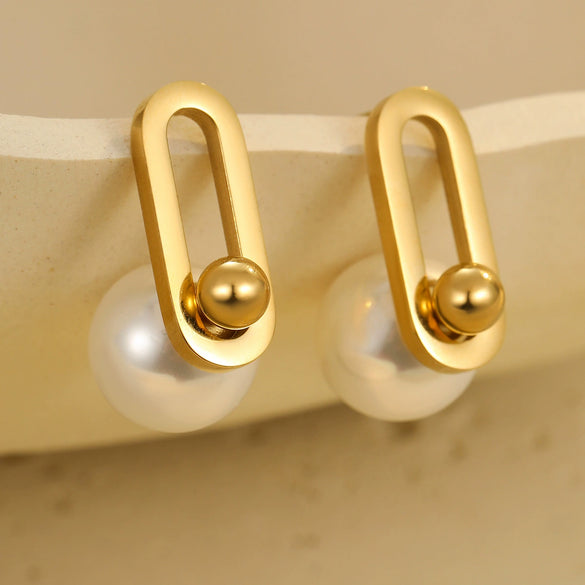 Minimalist Fashion Women's Imitation Pearl Stainless Steel Geometric Earrings With Electroplating