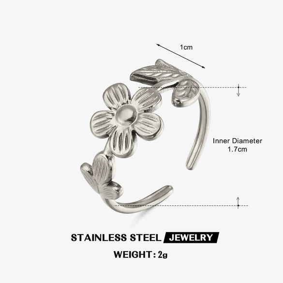 Minimalist Floral Stainless Steel Adjustable Ring For Women With Gold Tone Electroplated Finish