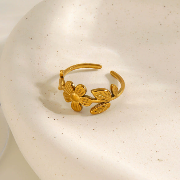 Minimalist Floral Stainless Steel Adjustable Ring For Women With Gold Tone Electroplated Finish
