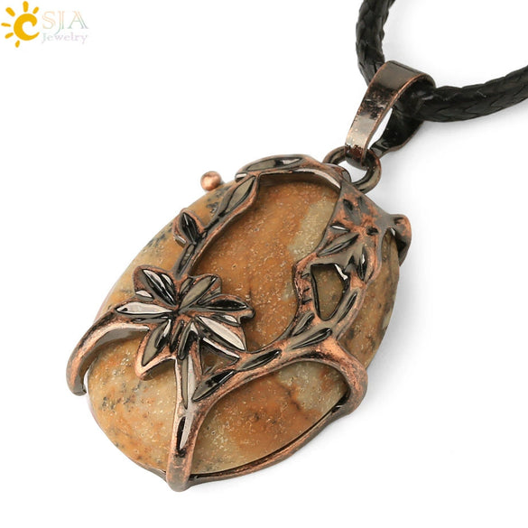 Minimalist Flower Pendant Necklace With Natural Stone And Crystal On Wax Rope Plated Bronze Jewelry For Women