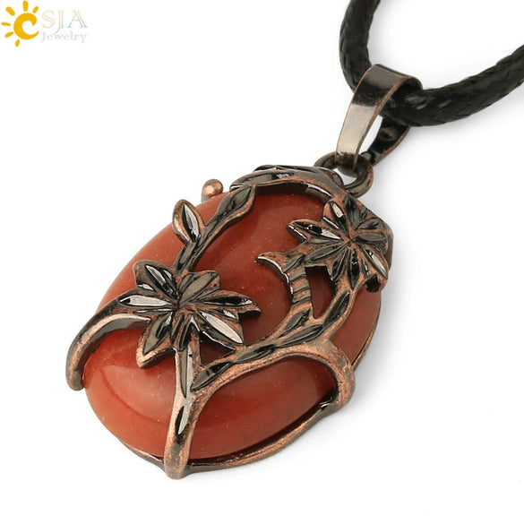 Minimalist Flower Pendant Necklace With Natural Stone And Crystal On Wax Rope Plated Bronze Jewelry For Women