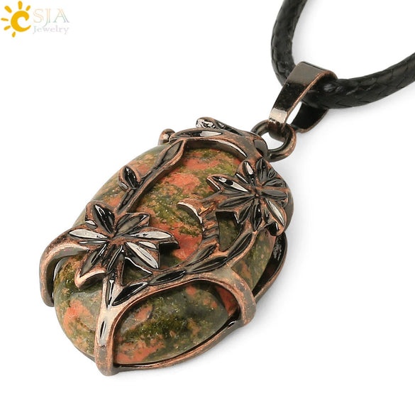 Minimalist Flower Pendant Necklace With Natural Stone And Crystal On Wax Rope Plated Bronze Jewelry For Women