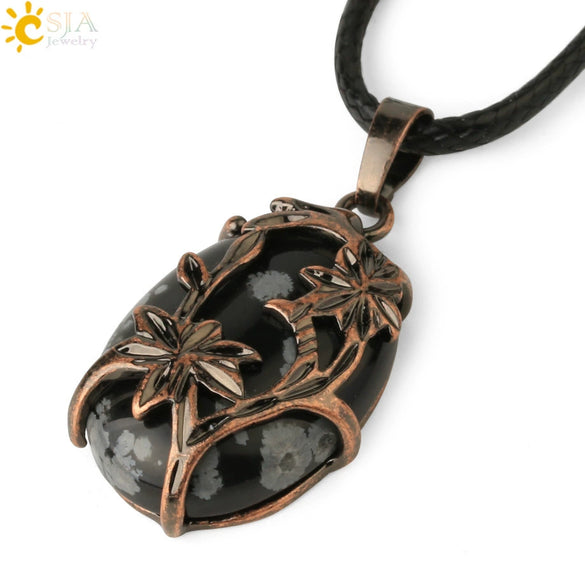 Minimalist Flower Pendant Necklace With Natural Stone And Crystal On Wax Rope Plated Bronze Jewelry For Women