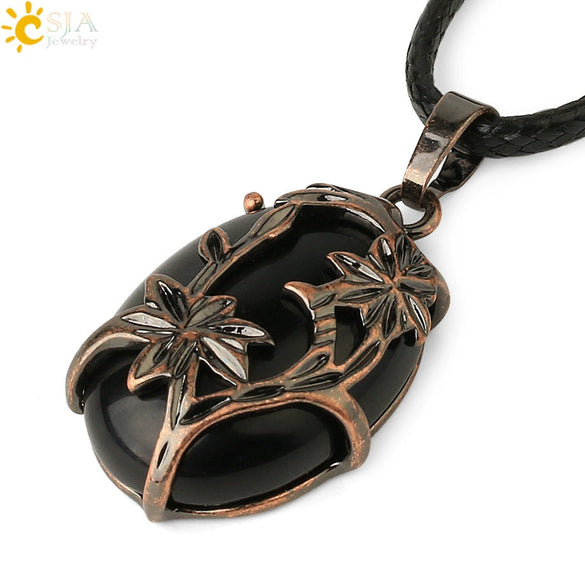 Minimalist Flower Pendant Necklace With Natural Stone And Crystal On Wax Rope Plated Bronze Jewelry For Women