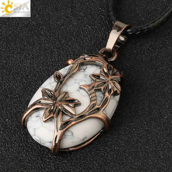 Minimalist Flower Pendant Necklace With Natural Stone And Crystal On Wax Rope Plated Bronze Jewelry For Women